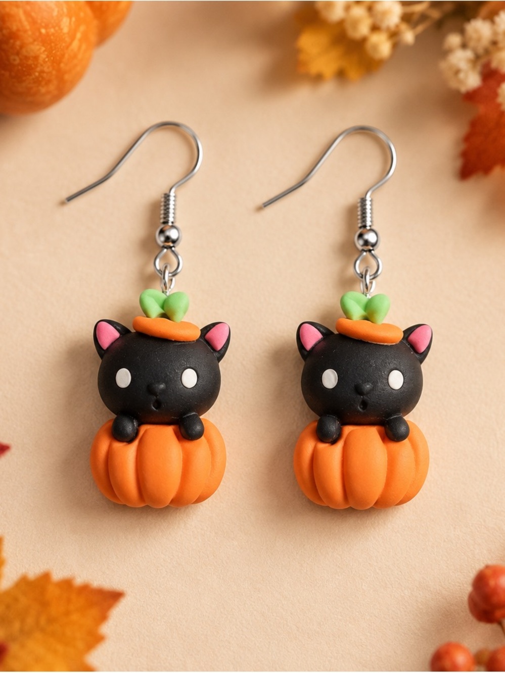 Fashion Jewelry Black & Orange Cat in Pumpkin Halloween Earrings